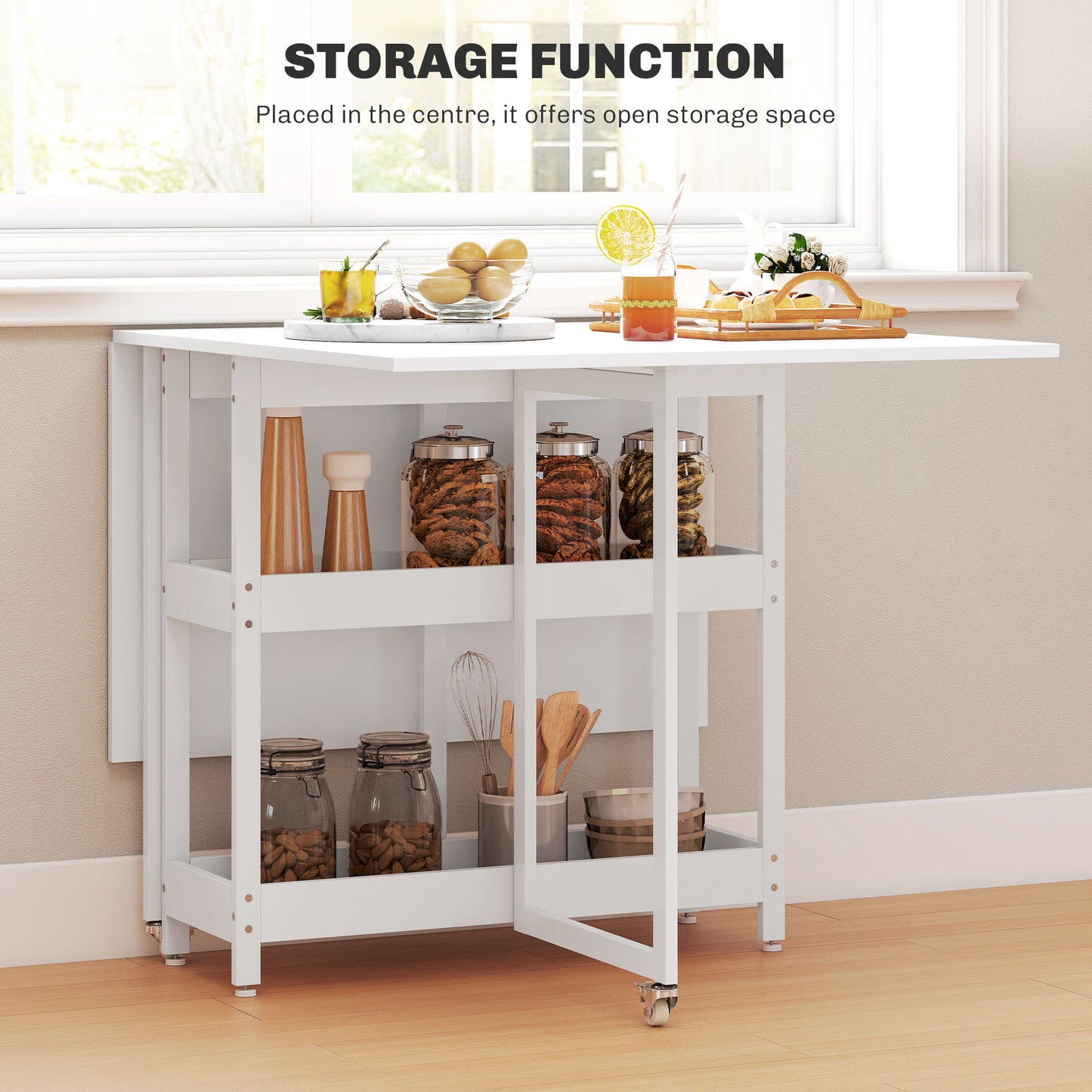 HOMCOM Four Person Drop Leaf Dining Table In White With Metal Frame And Sturdy Particle Board Panels