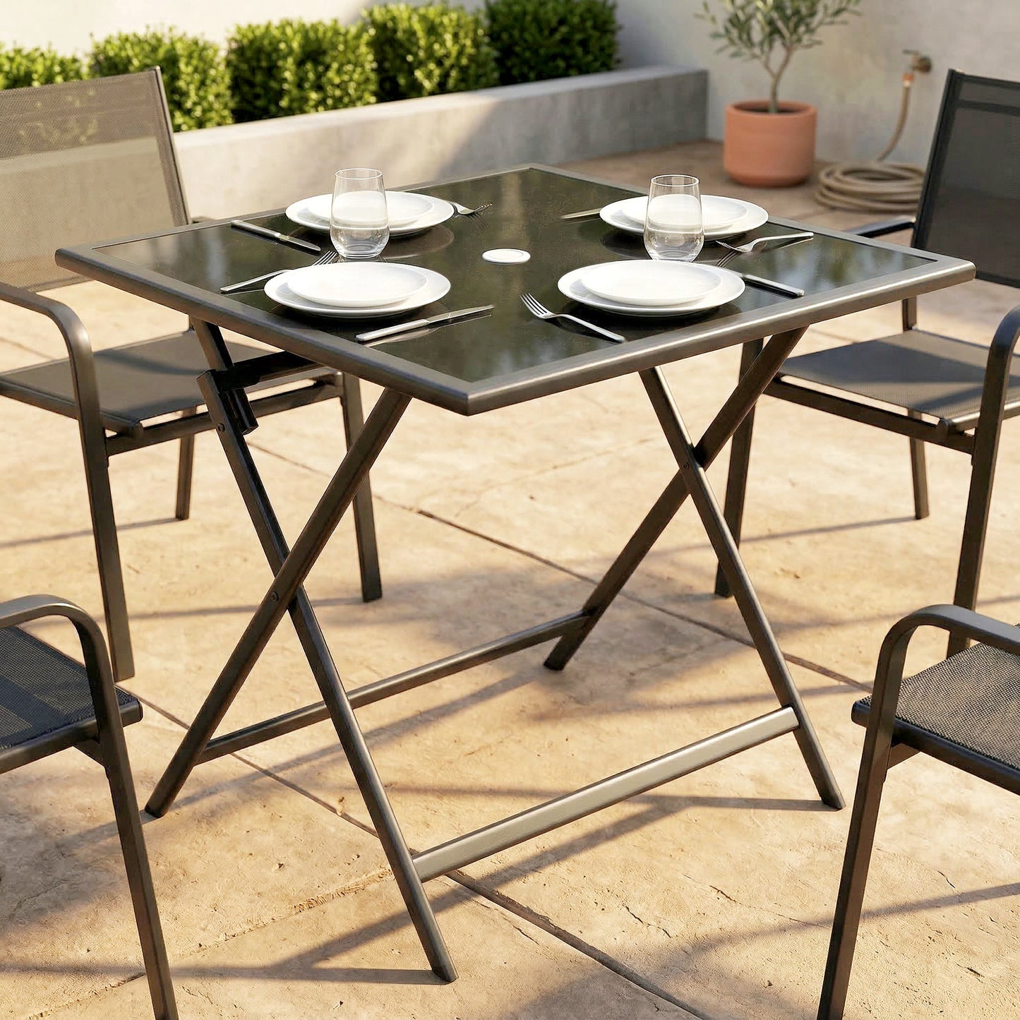 Outsunny Folding Outdoor Dining Table Square Garden Table With Tempered Glass Top Parasol Hole 70x70x70 cm