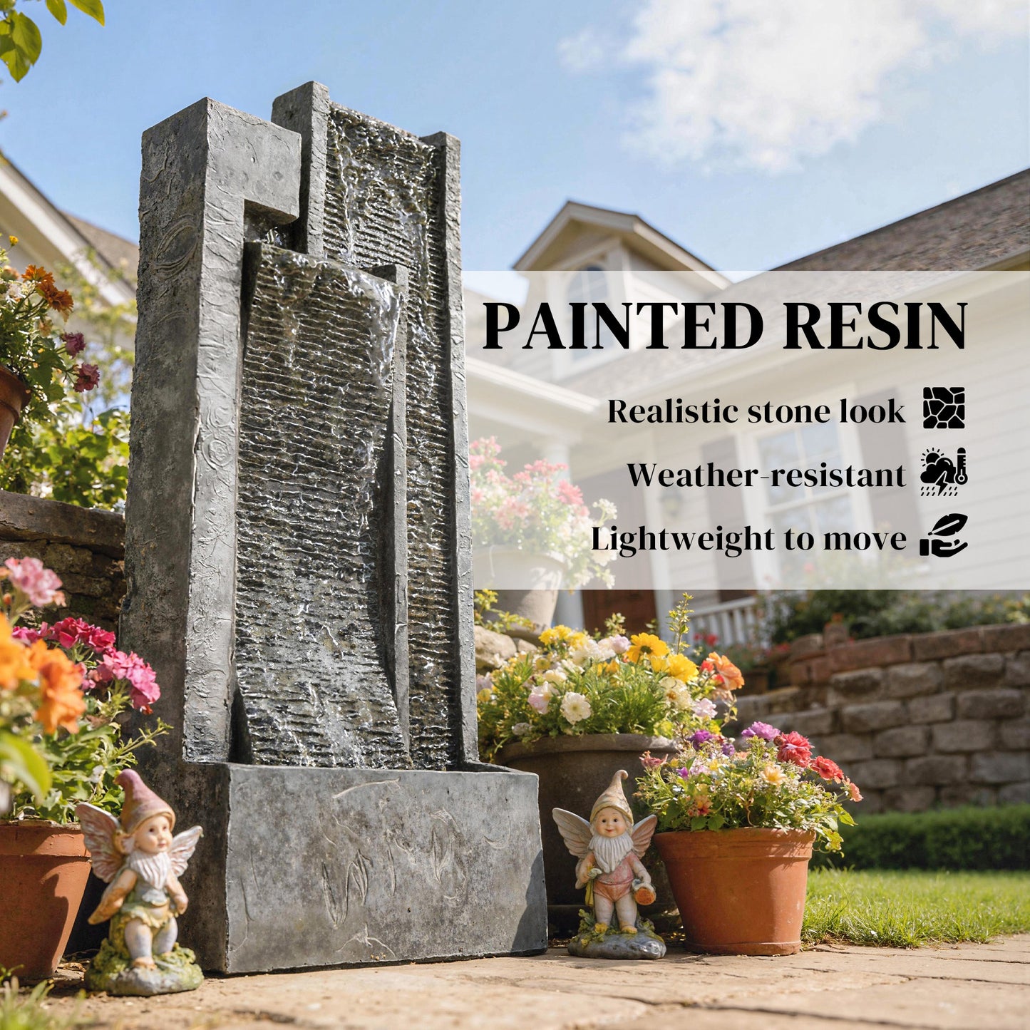 Outsunny LED Water Feature With Planter 3 Tier Garden Fountain Pump Resin Dark Grey