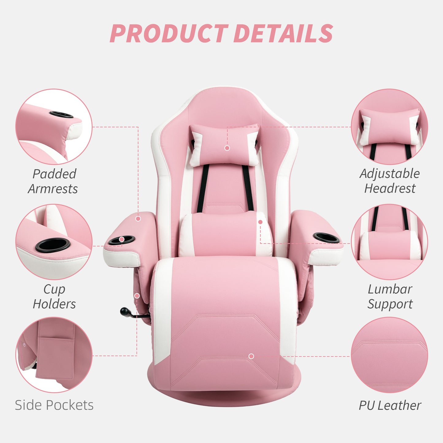 HOMCOM Manual Recliner Armchair With PU Leather 360 Degree Swivel Adjustable Leg Rest 135 Degree Recline Pink