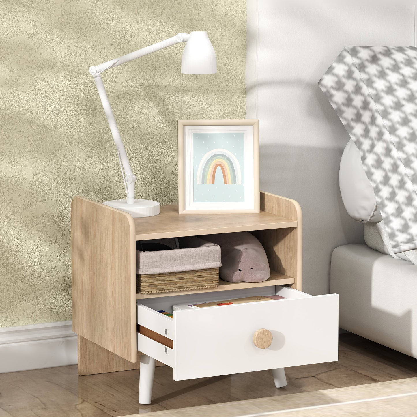AIYAPLAY Kids Bedside Table With Drawer And Open Storage Shelf Wooden Nightstand For Bedroom White