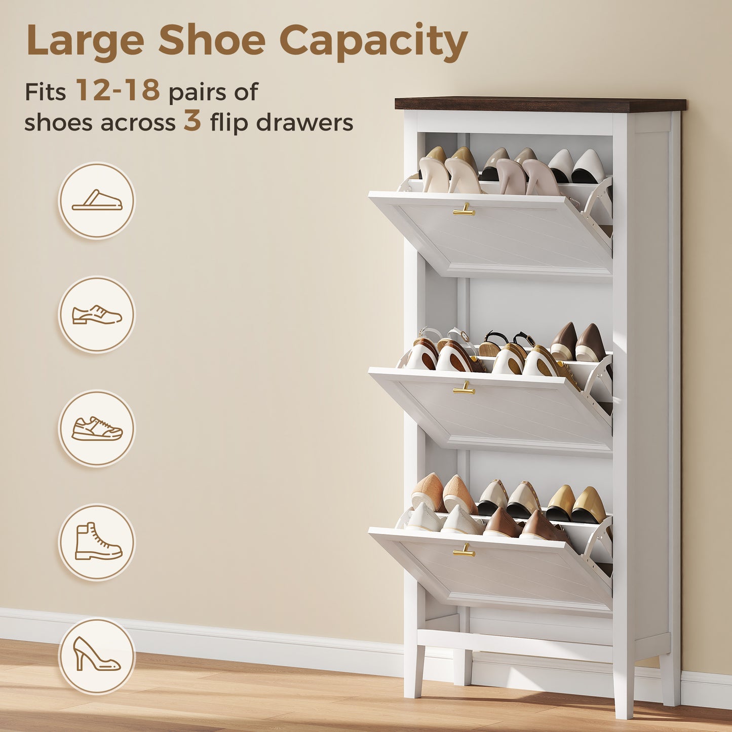 HOMCOM Shoe Storage Cabinet With 3 Flip Drawers And Adjustable Shelves Narrow Farmhouse White