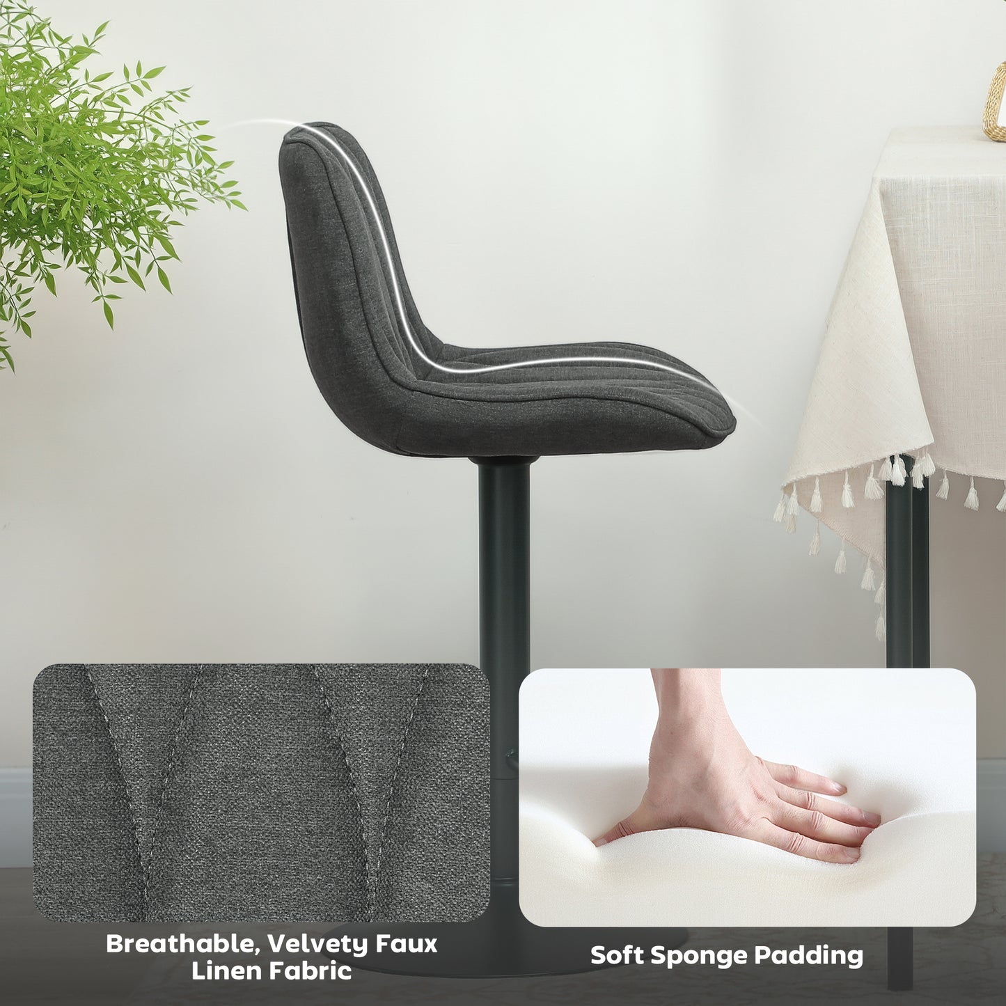 HOMCOM Set Of Two Linen Look Bar Stools Charcoal Grey Adjustable Height 60 To 80 Cm 360 Degree Swivel Padded Seats