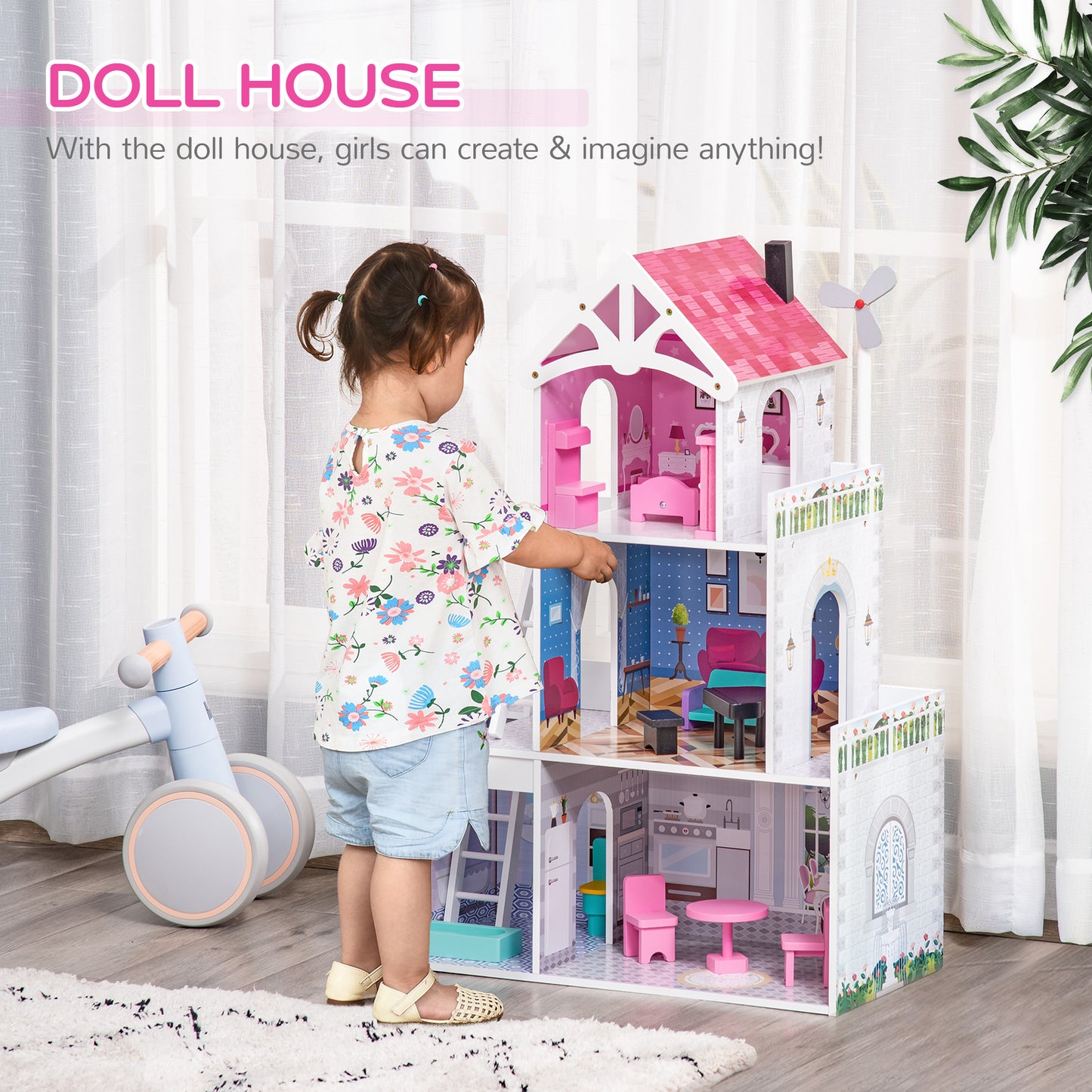 HOMCOM Multi-Level Pink Dollhouse Villa with Furniture Set for Toddler Girls - ALL4U RETAILER LTD