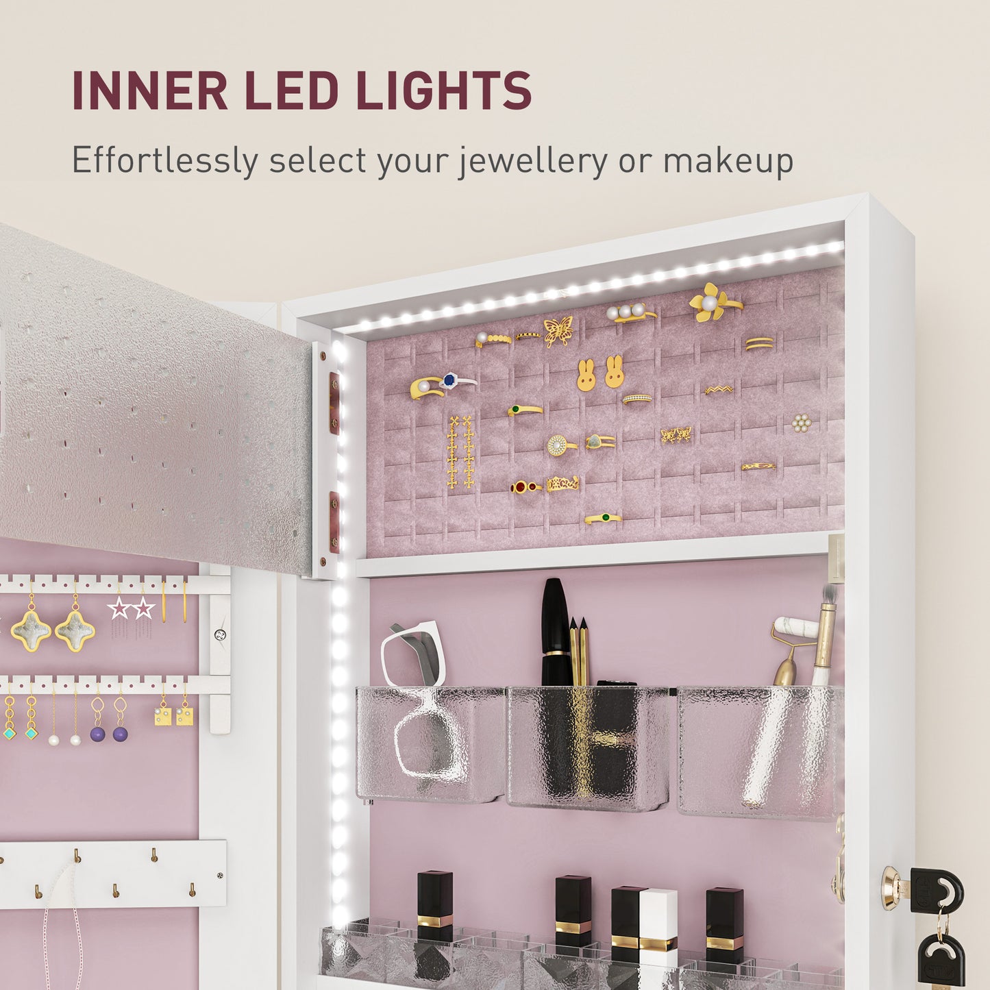 HOMCOM Lockable Jewellery Cabinet With LED Lights Mirror 108 x 37 cm White Surface Pink Lining