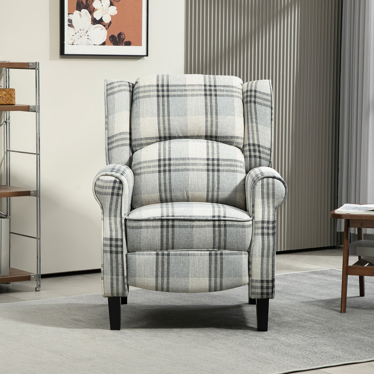 HOMCOM 160 Degree Reclining Armchair With Footrest Grey Checked Linen Feel Upholstery