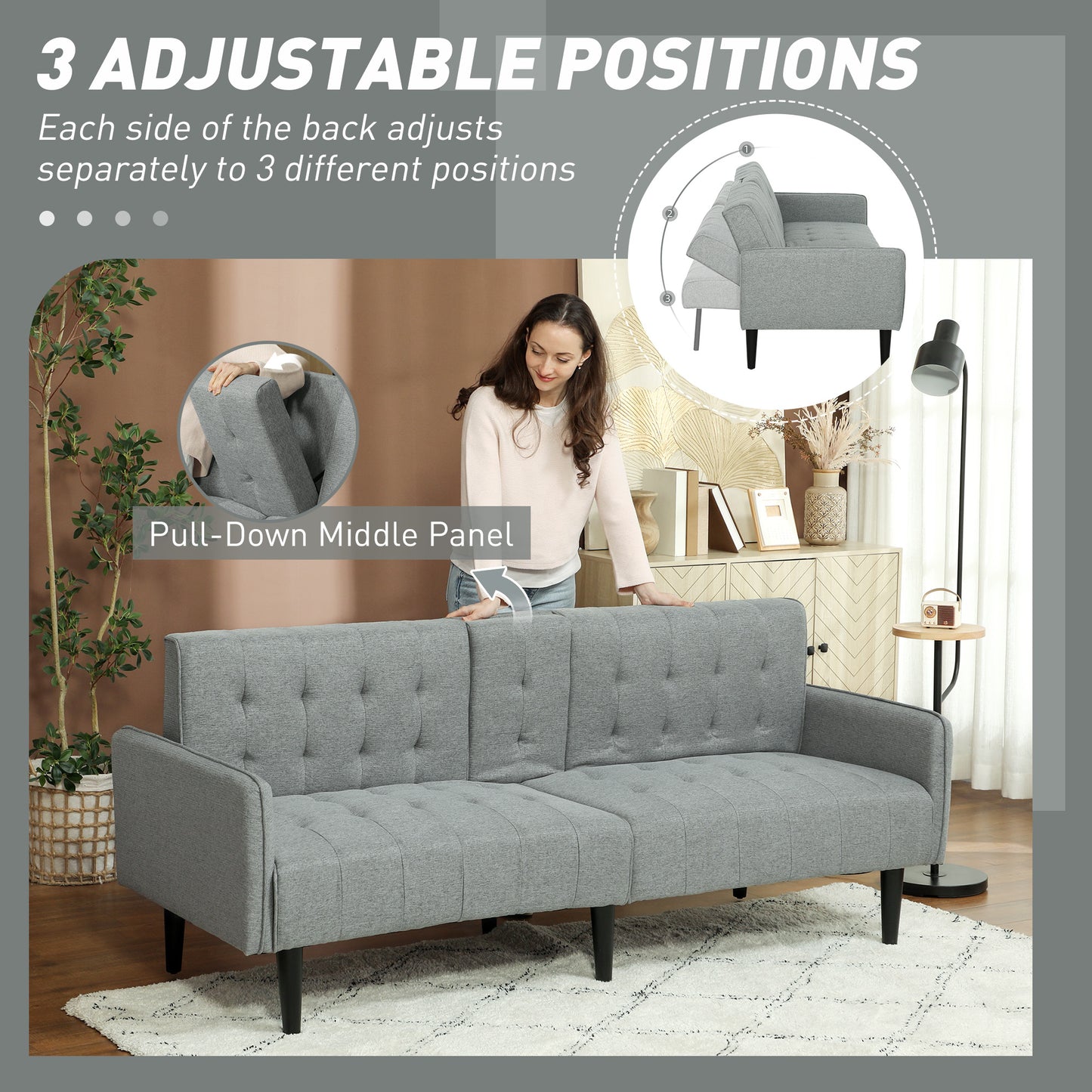 HOMCOM Three Seater Sofa Bed With Cupholders Light Grey For Small Spaces And Guest Overnight Comfort