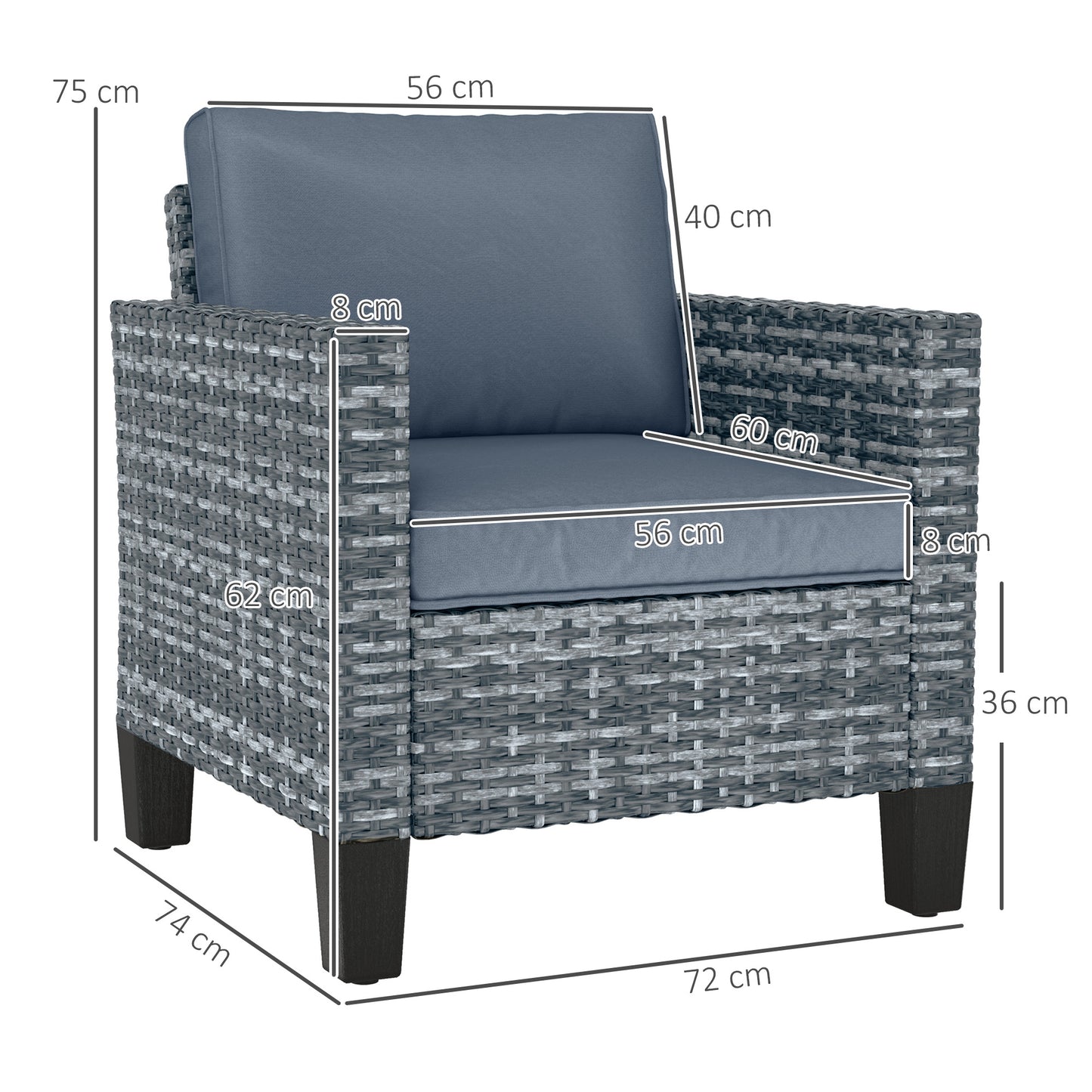 Outsunny Single Rattan Armchair With Cushions Light Grey Outdoor Garden Patio Furniture