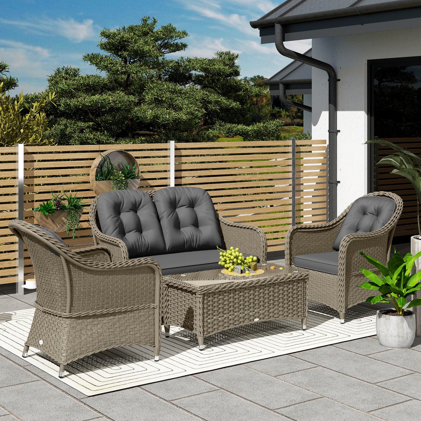 Outsunny Four Piece Rattan Sofa Set With Glass Top Table Aluminium Frame Outdoor Garden Furniture Light Grey