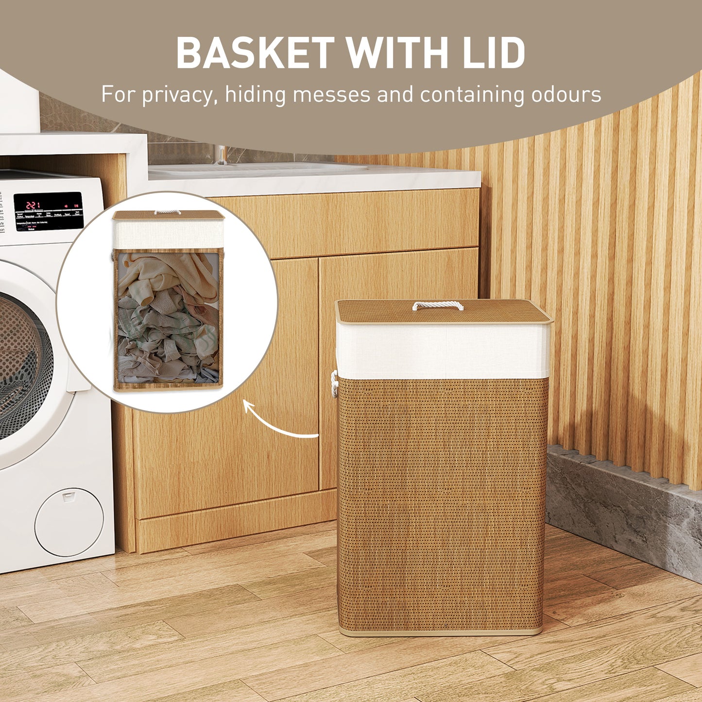 HOMCOM Bamboo Laundry Basket With Lid 72L Hamper With Rope Handles And Removable Liner Bag Brown