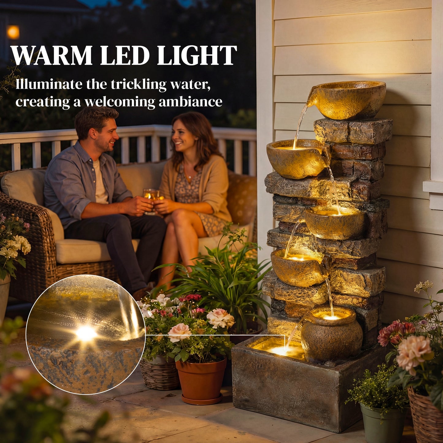 Outsunny 28 Inch 5 Tier Outdoor Fountain With Cascading Waterfall LED Lights Adjustable Flow Rustic Brown