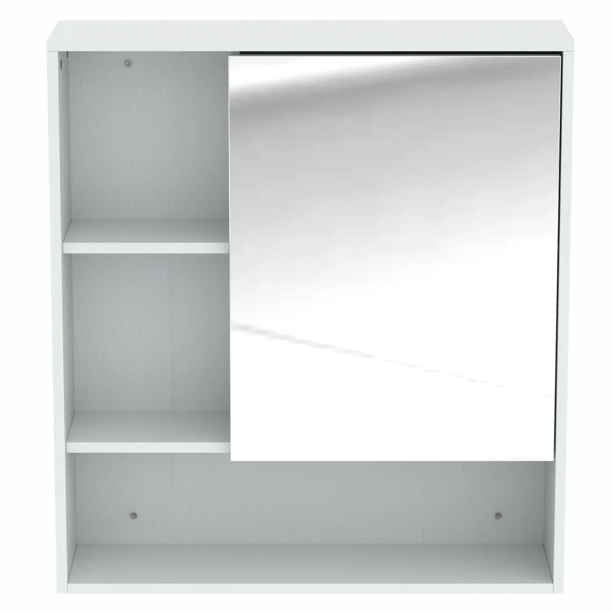 White wall-mounted bathroom mirror cabinet with open shelves and hinged mirrored door