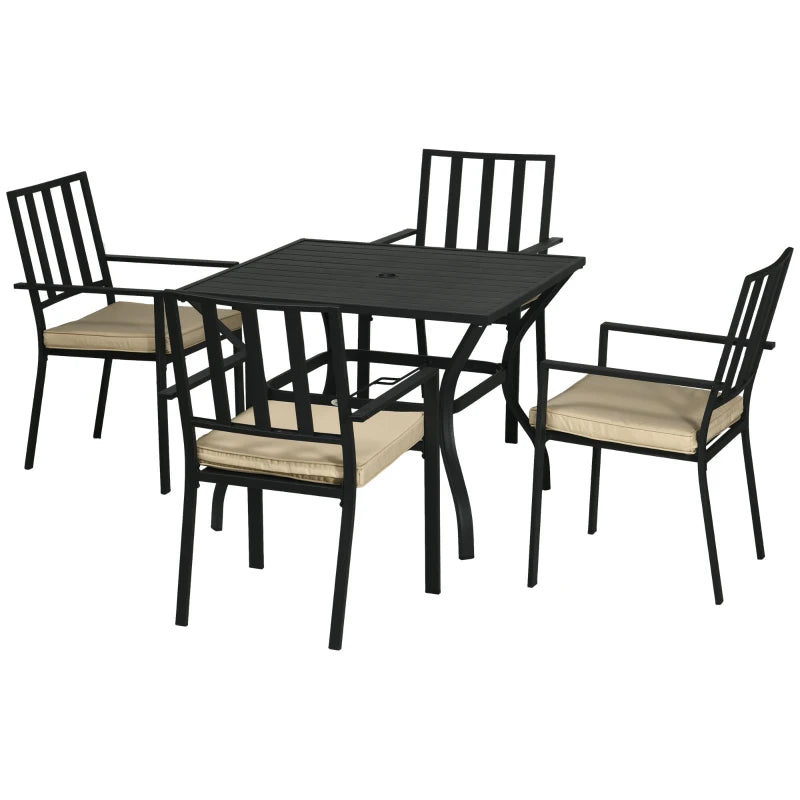 Outsunny 5-Piece Garden Dining Set with Cushions - Outdoor Table and 4 Stackable Chairs, Metal Top Table with Umbrella Hole, Black Finish - ALL4U RETAILER LTD