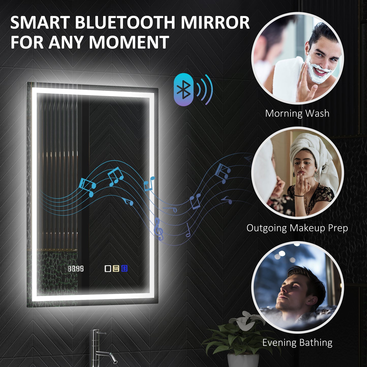 HOMCOM 50 By 70 Cm Anti Fog LED Bathroom Mirror With Bluetooth And Clock Silver Tone