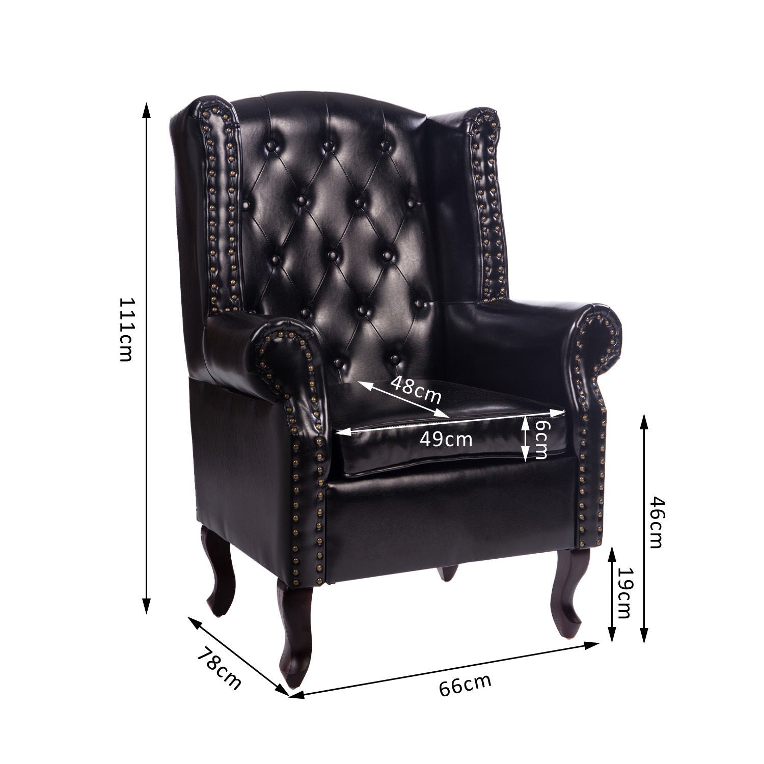 HOMCOM Chesterfield Style PU Leather High Back Armchair with Cushion - Elegant Antique Design (Black) - ALL4U RETAILER LTD