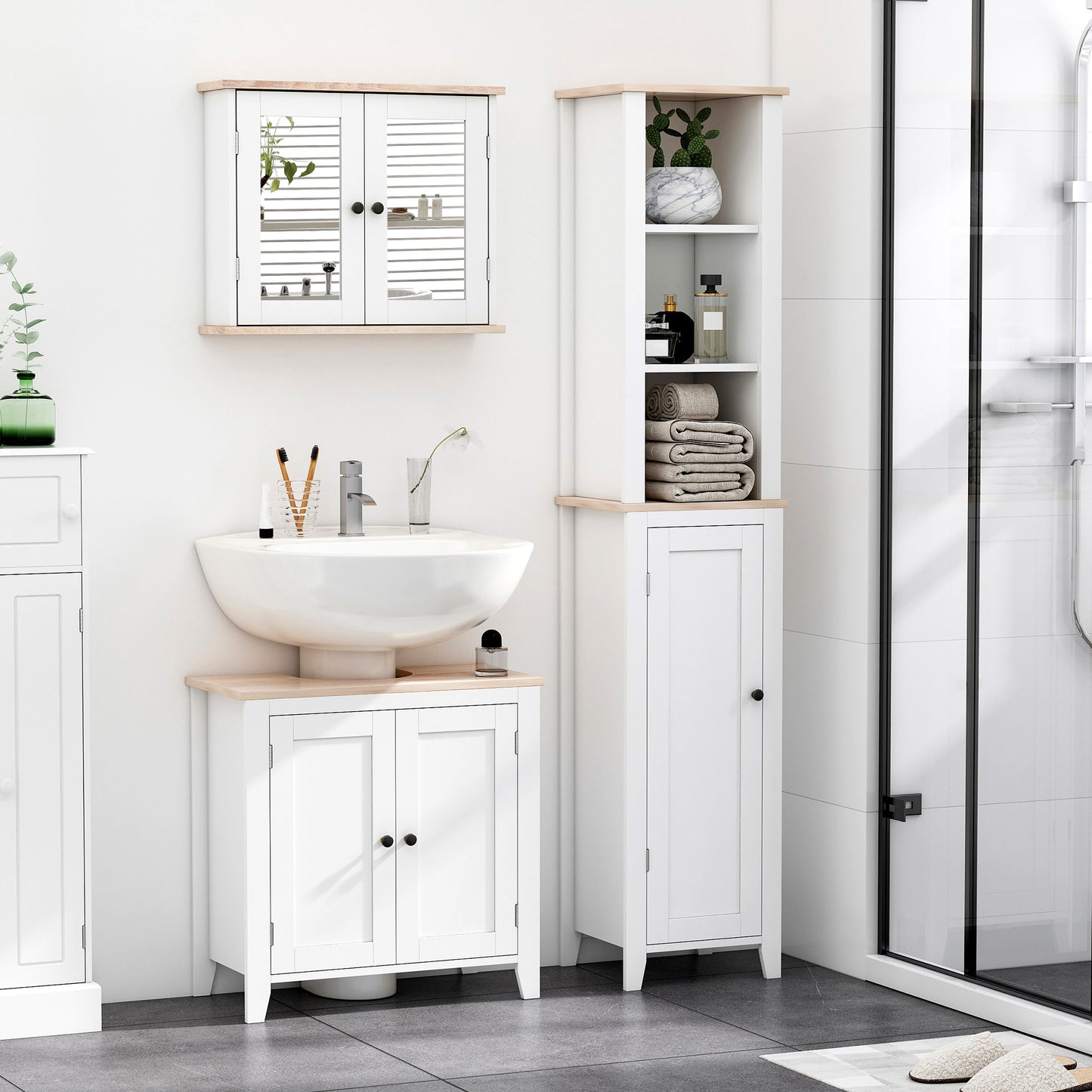 Kleankin Bathroom Furniture Set Mirror Cabinet Wall Mounted With Adjustable Shelf White And Wood Grain