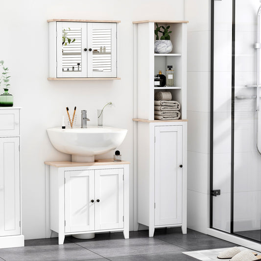 Kleankin Bathroom Furniture Set Mirror Cabinet Wall Mounted With Adjustable Shelf White And Wood Grain