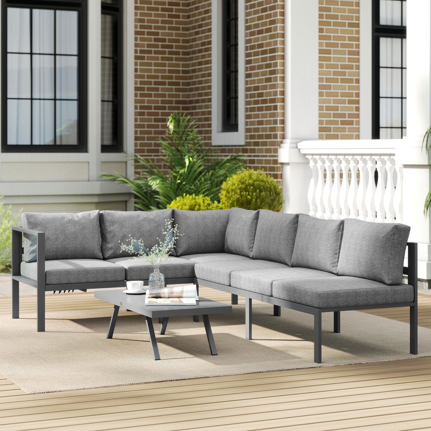 Outsunny 3 Piece Aluminium Garden Furniture Set With Adjustable Backrest Corner Lounge And Coffee Table