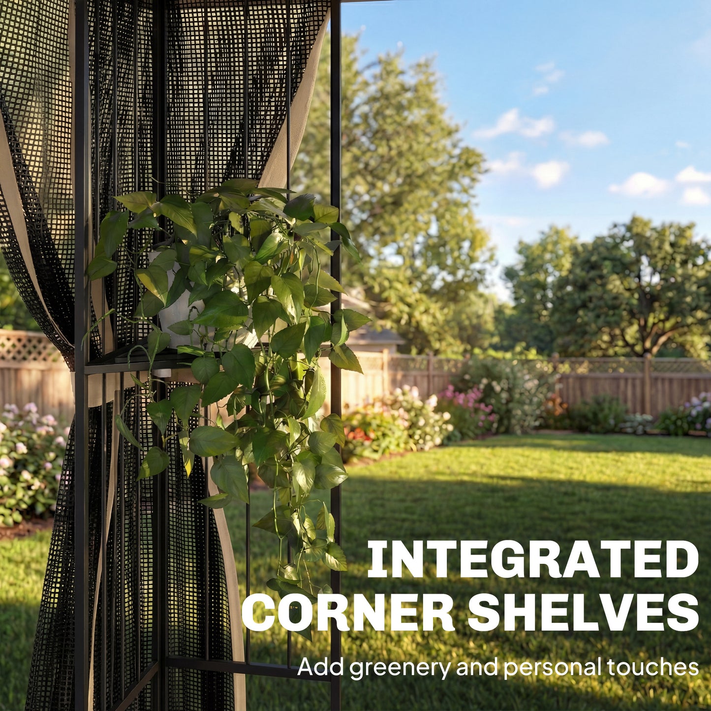 Outsunny 3x3 m Outdoor Garden Gazebo With Post Shelves Mesh Panels And Double Roof UPF50+ Permanent Pavilion Brown