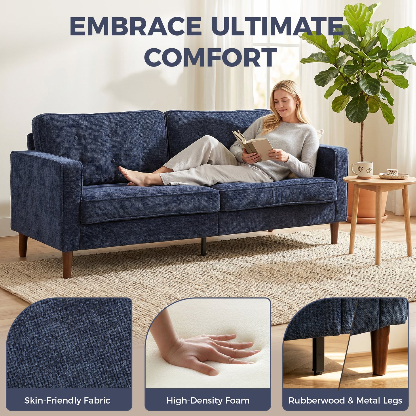 HOMCOM 3 Seater Sofa With Button Tufted Upholstered Velvet And Wood Legs For Living Room Dark Blue