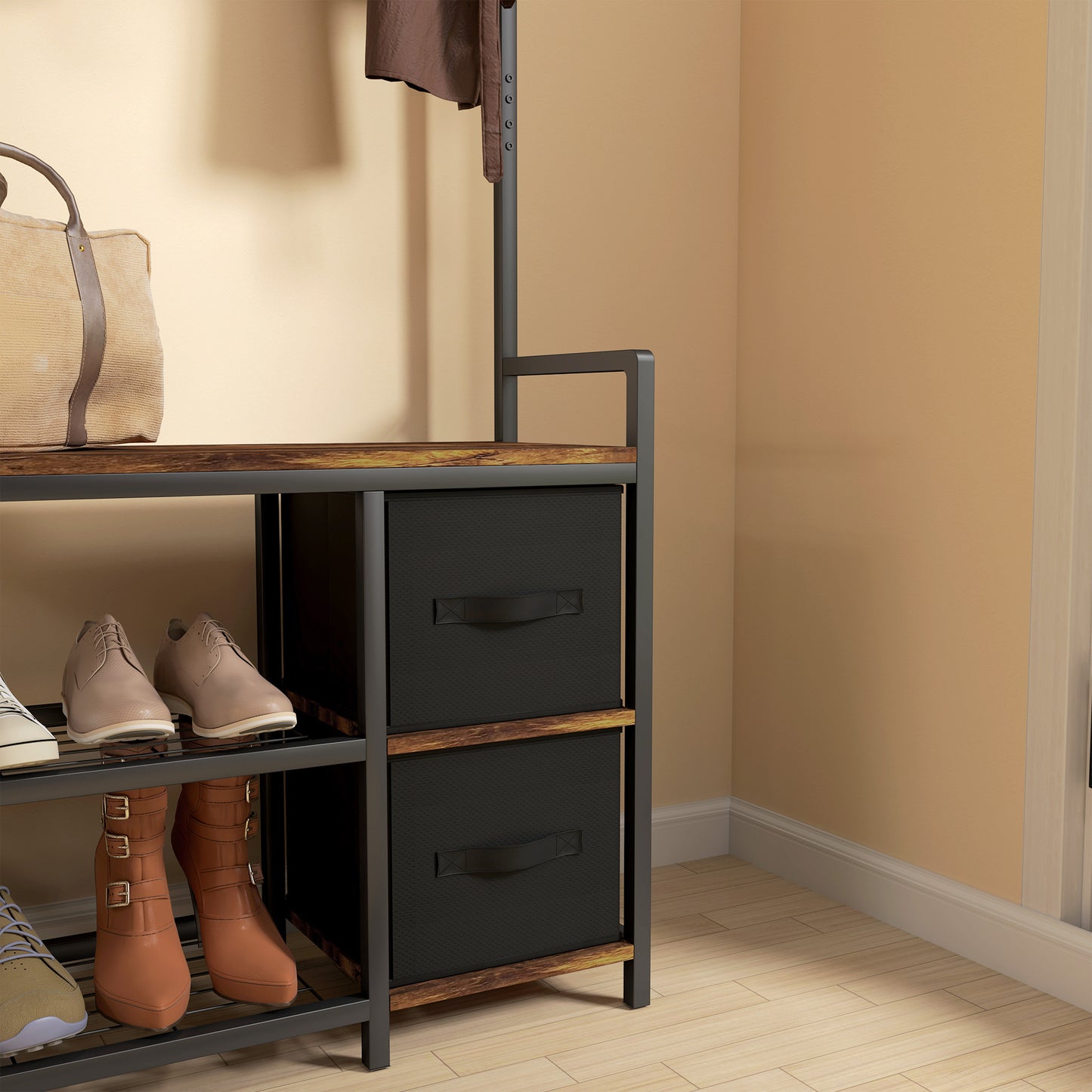 HOMCOM Industrial Style Hallway Tree With Bench 15 Coat Hooks Two Shoe Racks And Two Fabric Drawers Brown Black