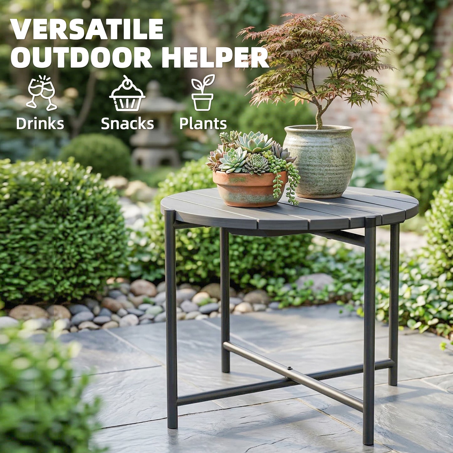 Outsunny 54 Cm Round Outdoor Side Table With Slatted Wood Top And Industrial Metal Frame Dark Grey