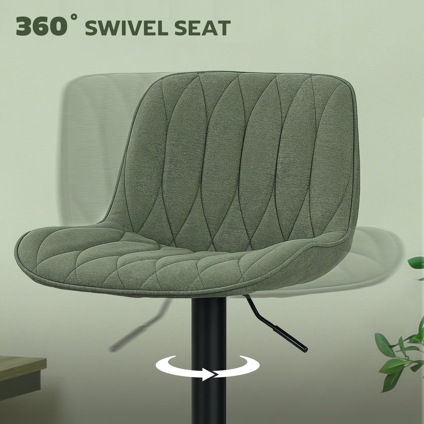 HOMCOM Breakfast Bar Stools Set of 2 Linen Upholstery Adjustable Height 60 to 80 cm Green