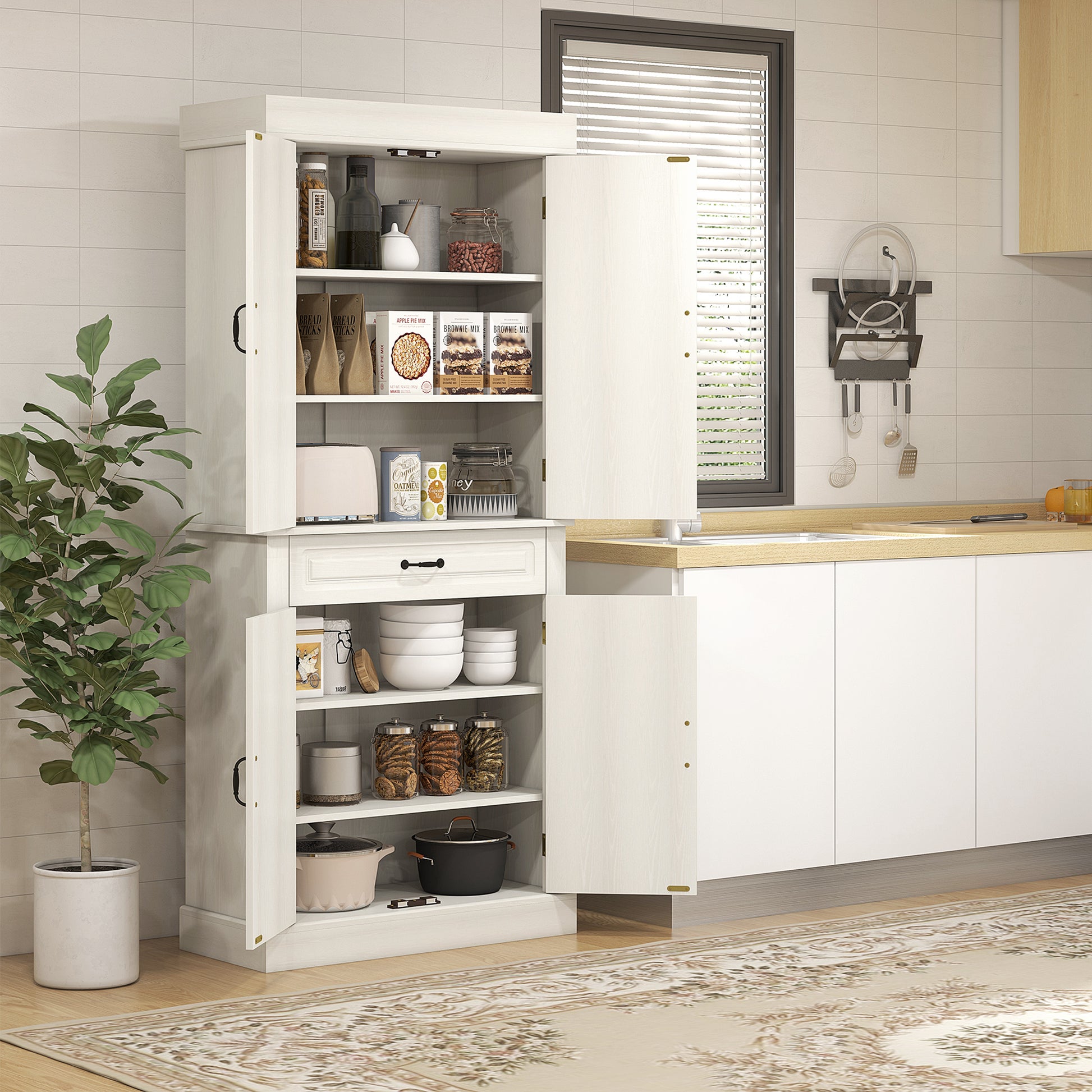 HOMCOM Freestanding Kitchen Storage Cabinet with 4 Doors and Drawer, Versatile White Wood Grain Design, 180cm - ALL4U RETAILER LTD