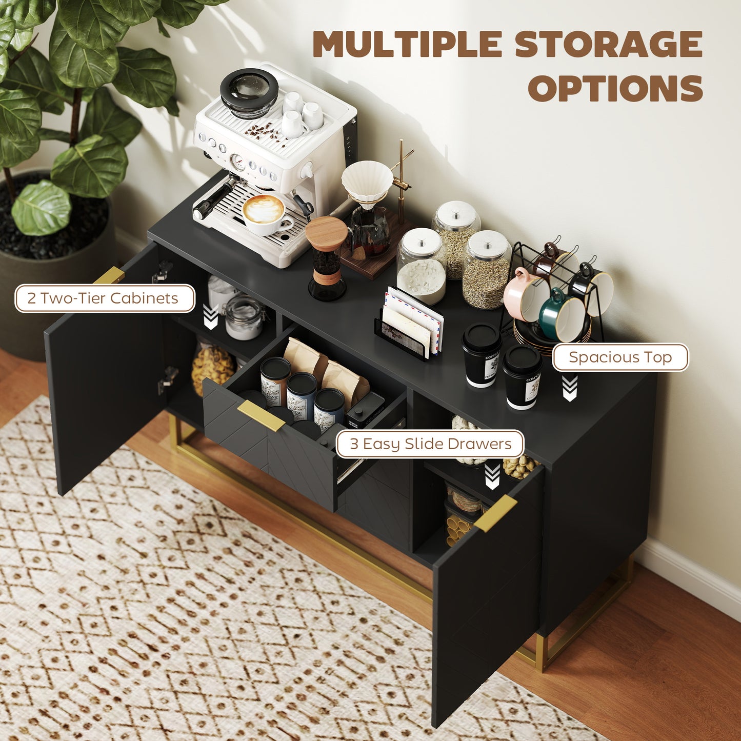 HOMCOM Sideboard With 3 Drawers And Adjustable Shelves For Living Room Black Finish Modern Storage Cabinet