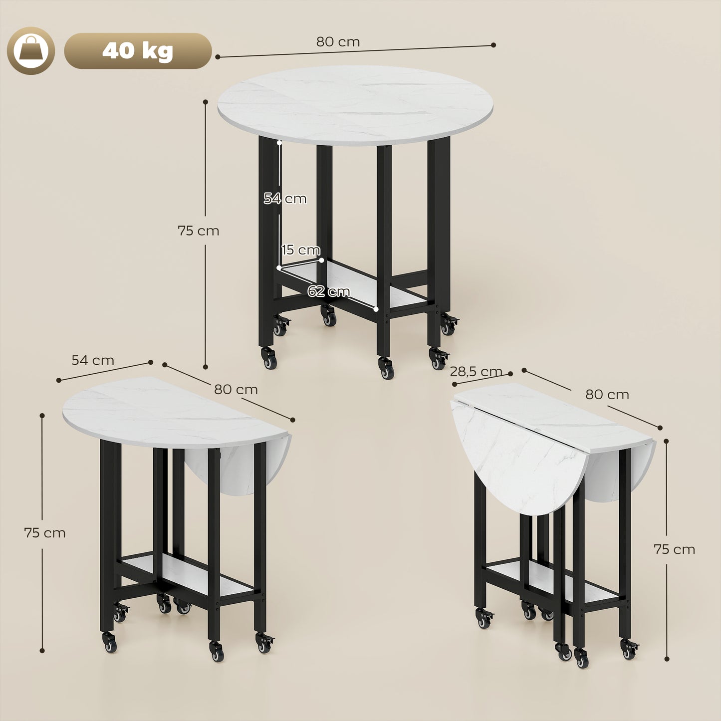 HOMCOM Folding Dining Table With Drop Leaf Open Shelf Smooth Rolling Wheels White Marble Finish For Small Spaces