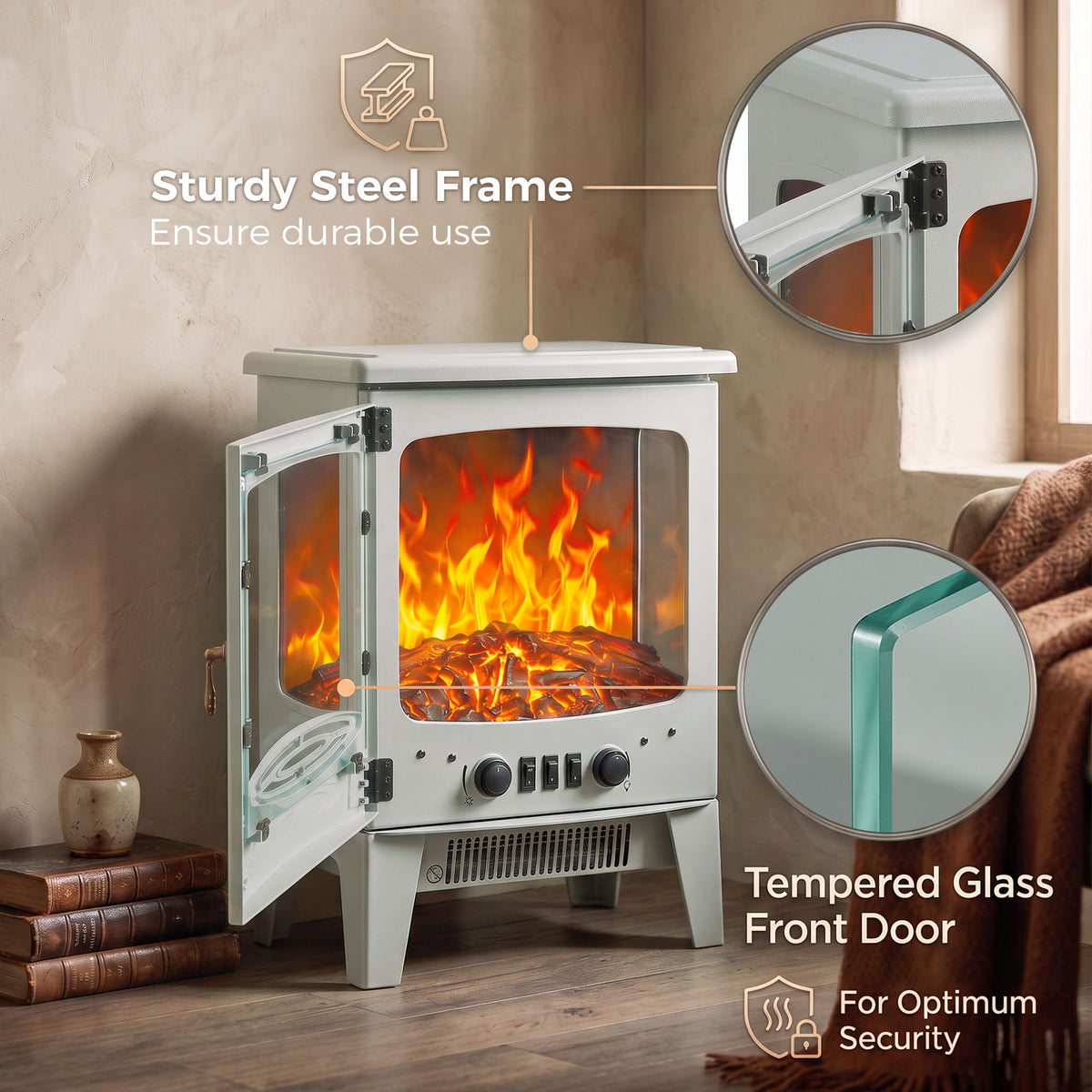 Grey electric fireplace heater with tempered glass door, steel frame details, and flames