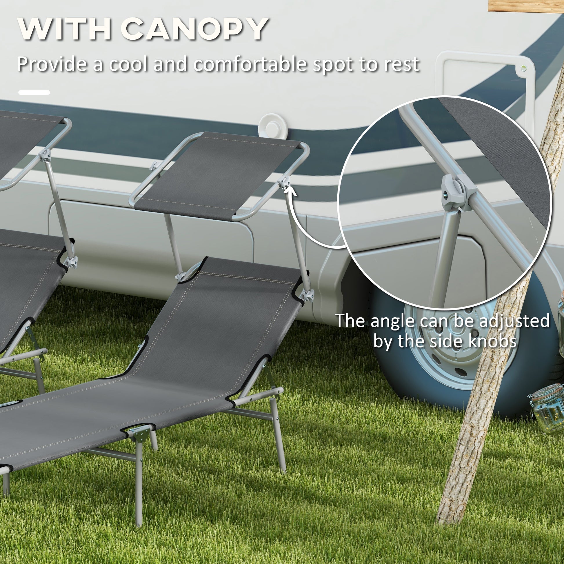 Outsunny Adjustable Reclining Sun Lounger Set for Outdoor Relaxation, Canopy Shade, Portable & Foldable - Grey (Set of 2) - ALL4U RETAILER LTD