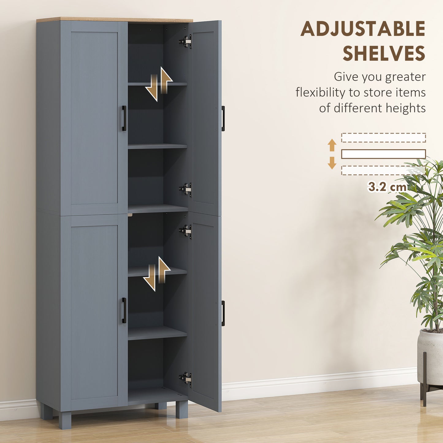 HOMCOM Freestanding Kitchen Cupboard 4-Door Storage Cabinet With Adjustable Shelves Grey Wood Effect 170cm Tall