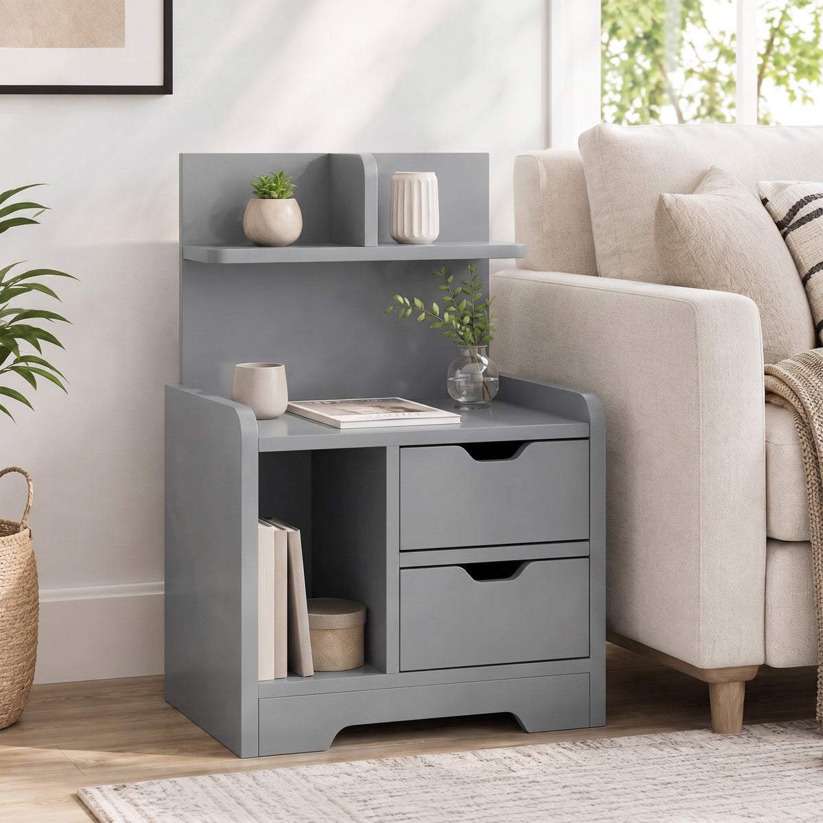 HOMCOM Grey Bedside Table with 2 Drawers and Open Storage Shelves for Bedroom
