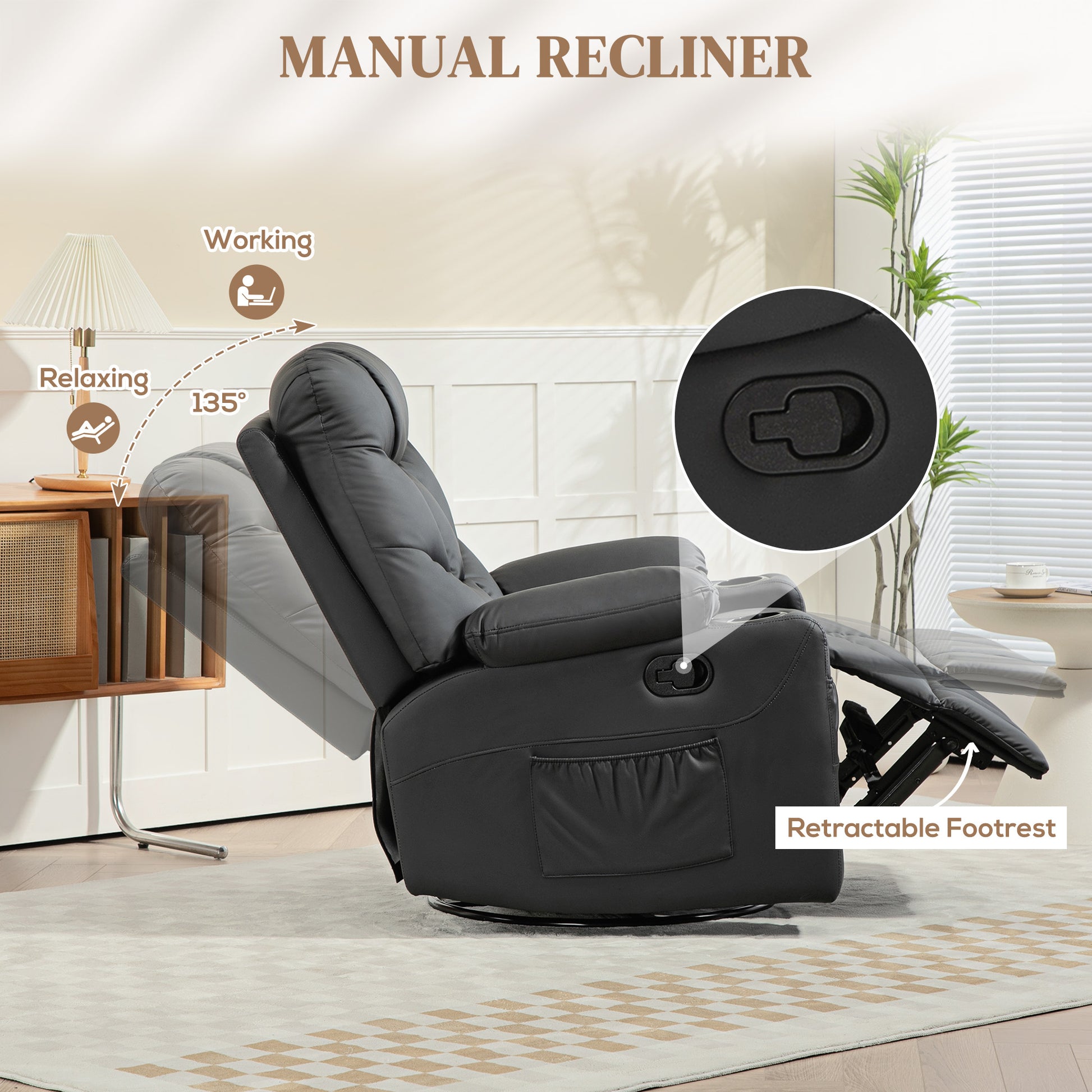 HOMCOM 360° Swivel Recliner Chair with Footrest and Cup Holders, Faux Leather Armchair in Black, Manual Recline, Compact Design - ALL4U RETAILER LTD