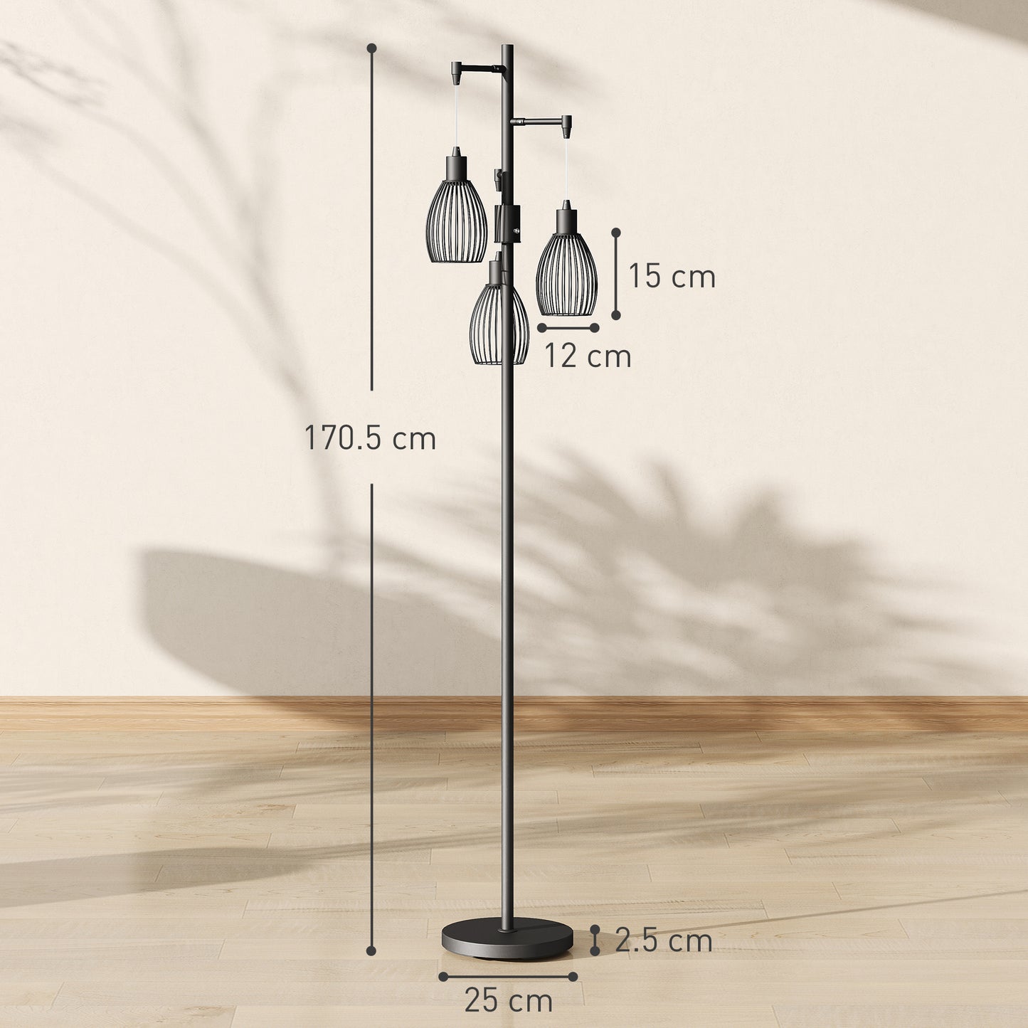 HOMCOM 3-Light LED Floor Lamp 170cm Tall 2700K Dimmable Industrial Standing Lamp with Steel Wire Cage Lampshades Black