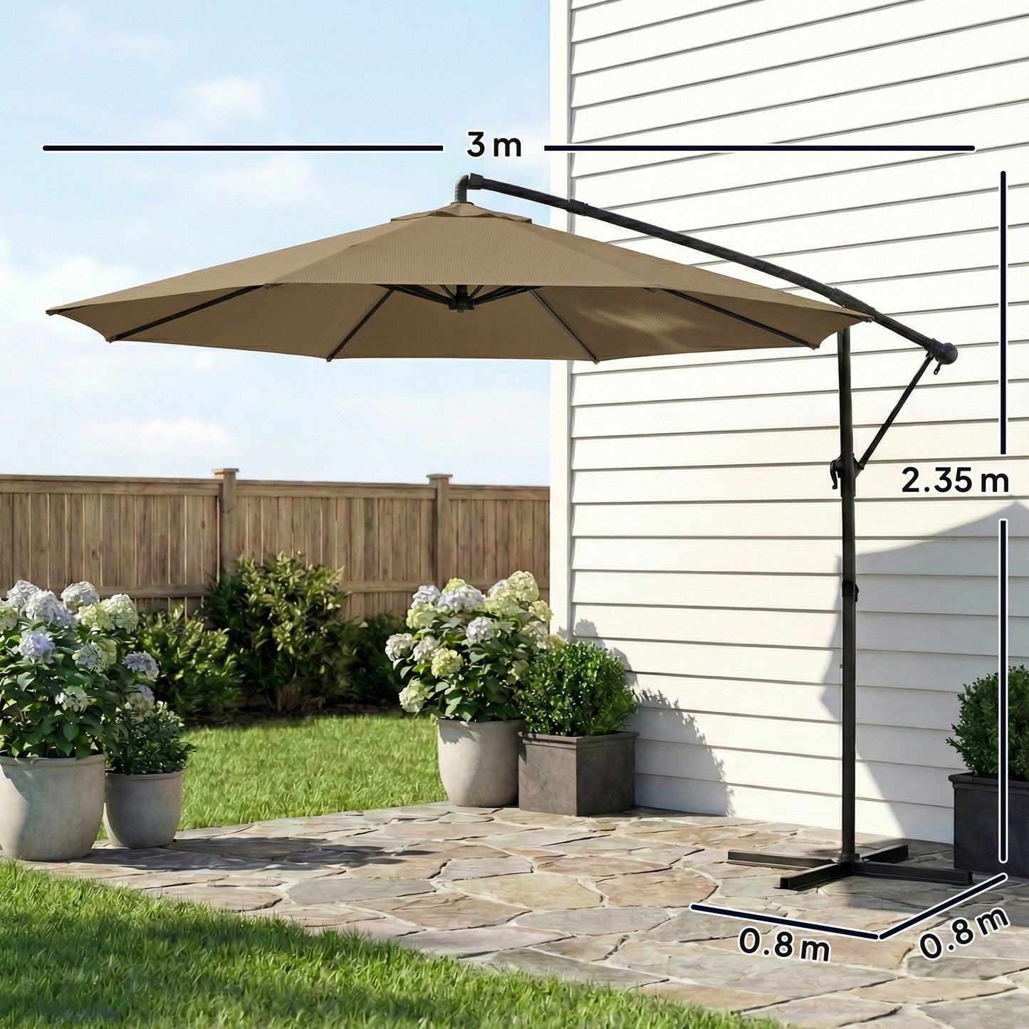Outsunny 3 m Cantilever Garden Parasol With Cover Base 360 Degree Rotation Tilt Khaki Umbrella