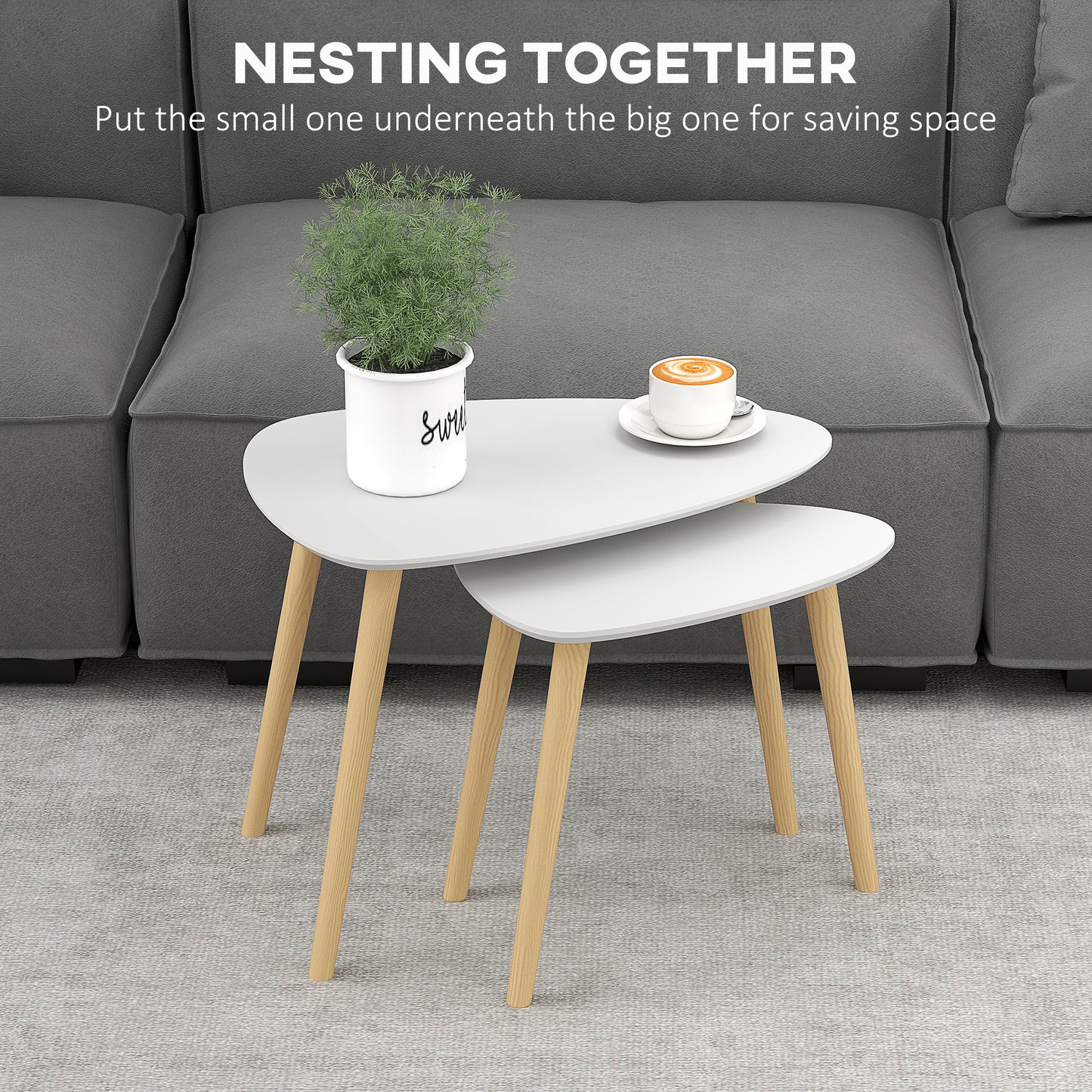 HOMCOM Nesting Coffee Table Set Of 2 With Solid Wood Legs In Light Grey For Living Room And Bedroom
