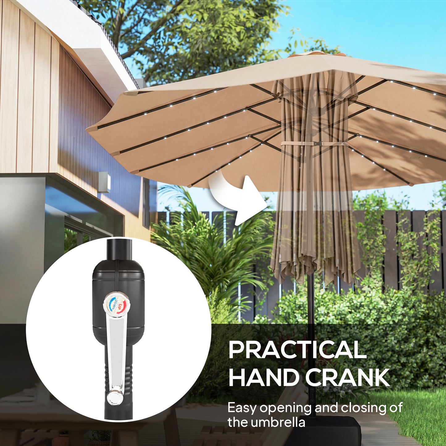 Outsunny Double Sided Patio Umbrella With Solar Powered LED Lights And Base Khaki 450 X 265 Cm Shade
