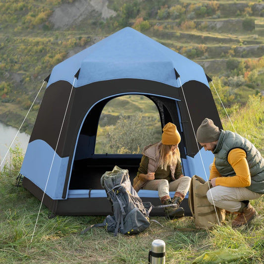 Outsunny 4-Man Hexagon Double Layer Dome Tent with Rainfly and Welded Floor - Portable Camping Shelter for Festival, Hiking, and Family Adventures - Blue and Black - Includes Hang Hook and Carry Bag