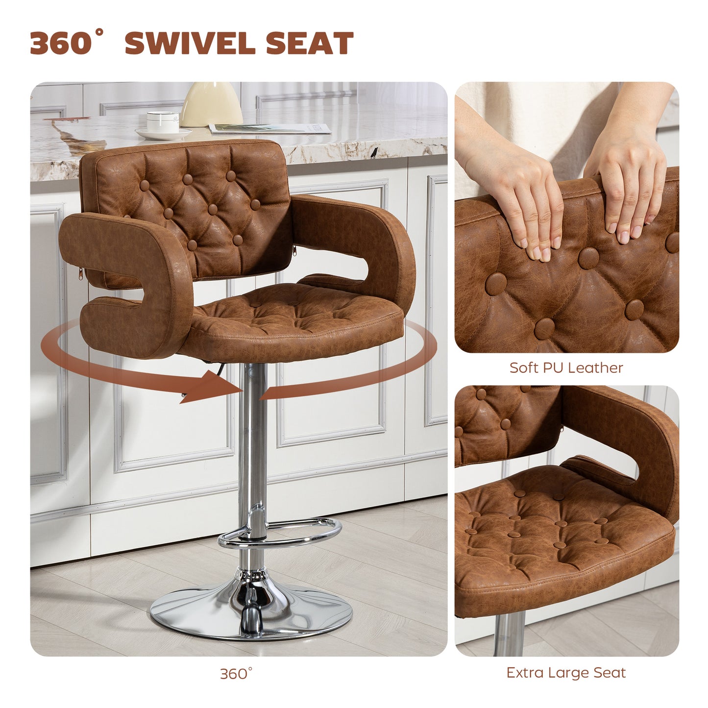 Homcom PU Leather Swivel Bar Stool With Back And Armrest Height Adjustable Footrest Brown Chrome Base