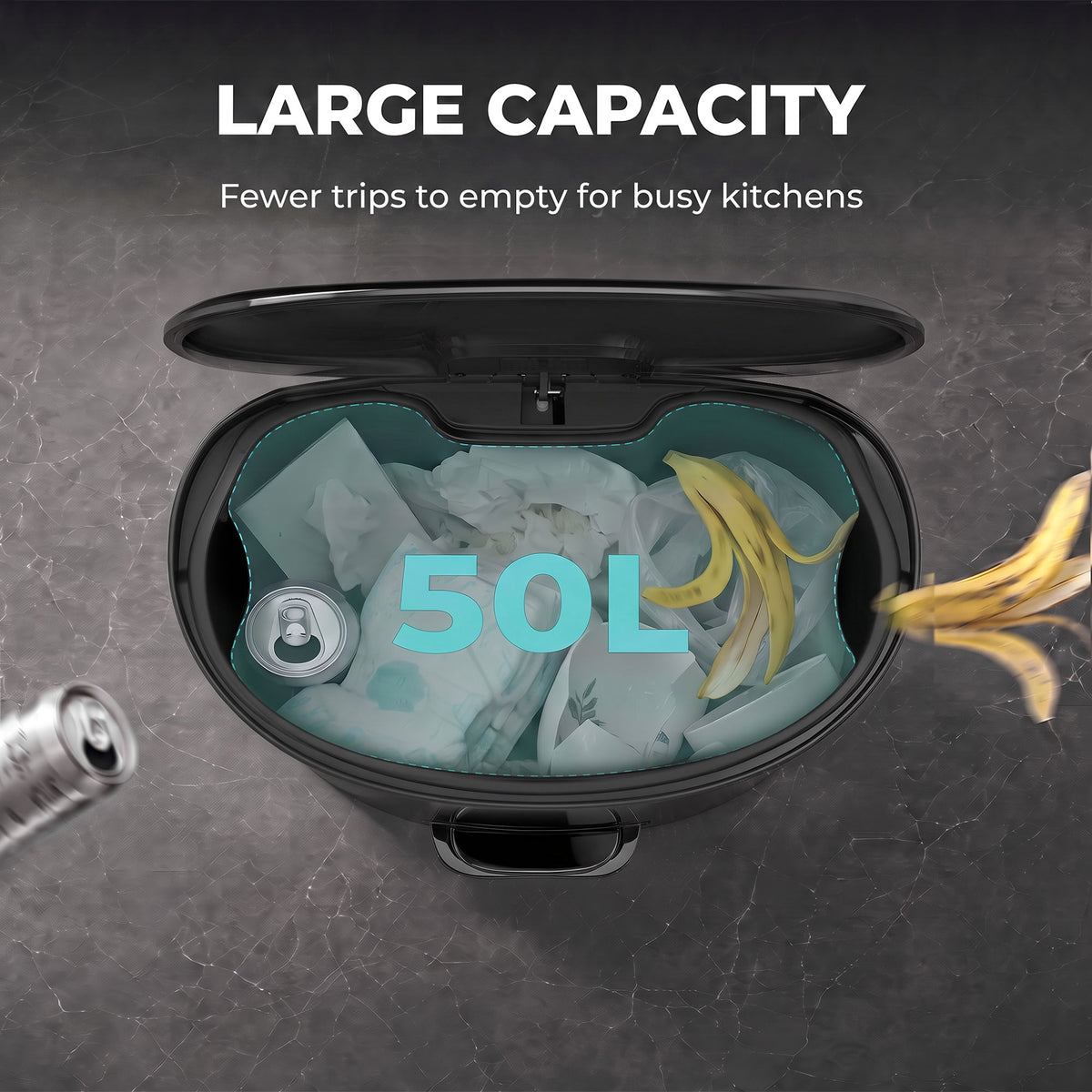 Large-capacity kitchen pedal bin with hinged lid open showing the inner bin