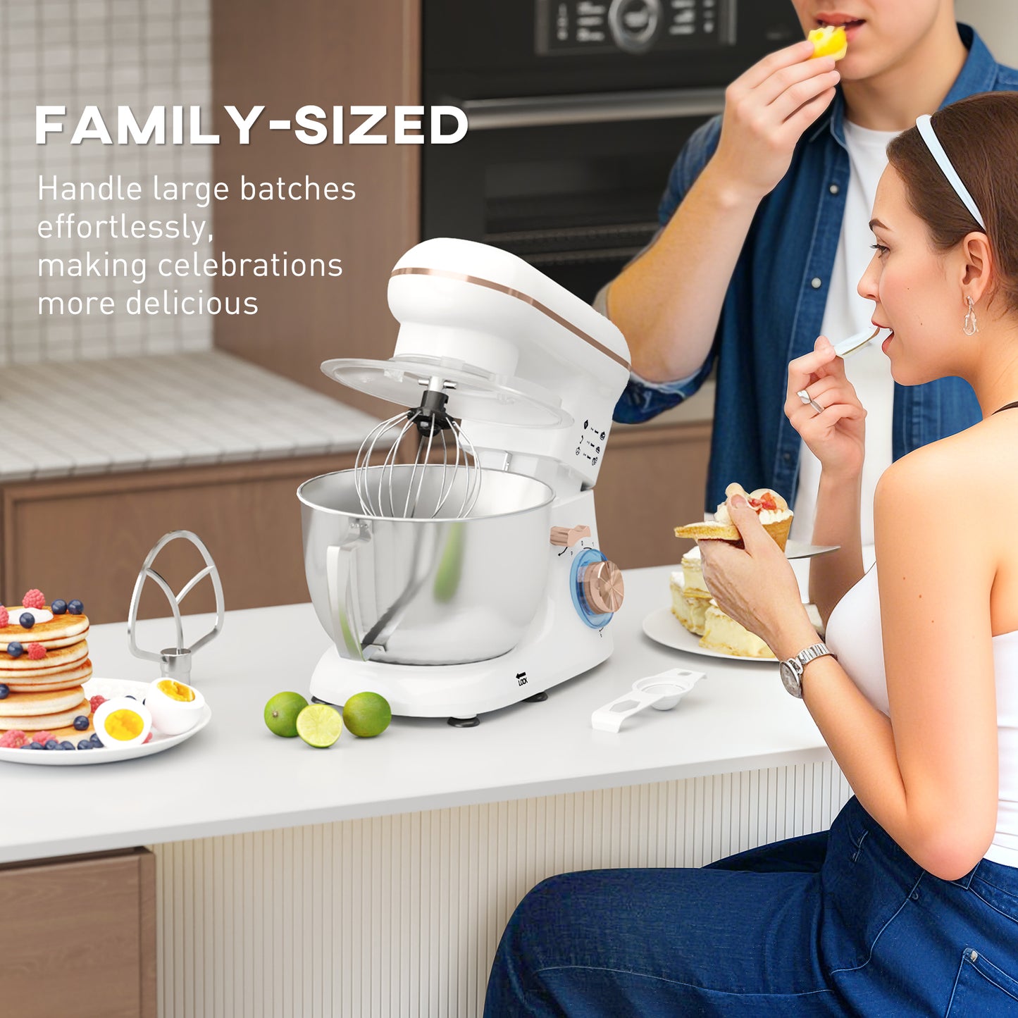 HOMCOM 1300W Stand Mixer With Accessories White 4.5L Stainless Steel Bowl Whisk Dough Hook Beater