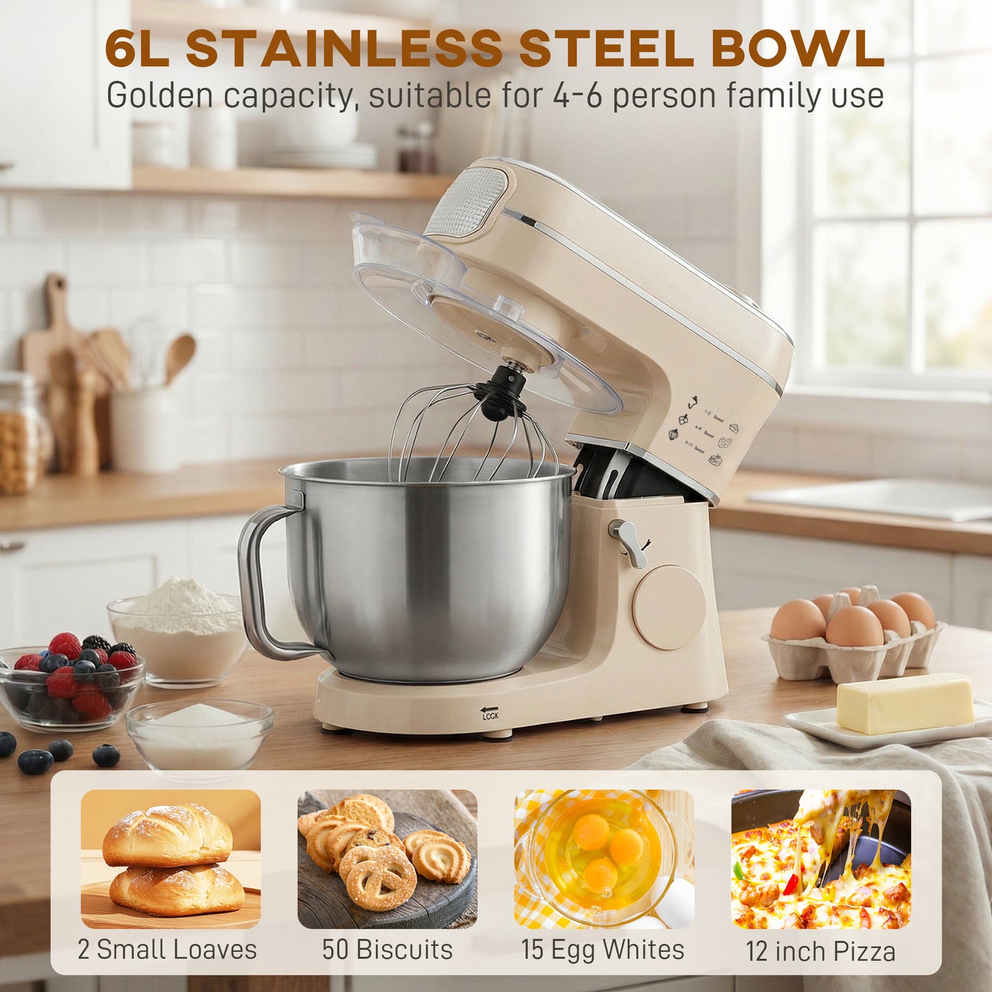 HOMCOM Stand Mixer 6L 1400W Tilt Head Food Mixer With 11 Speeds Pulse Fermentation Function LED Display Cream
