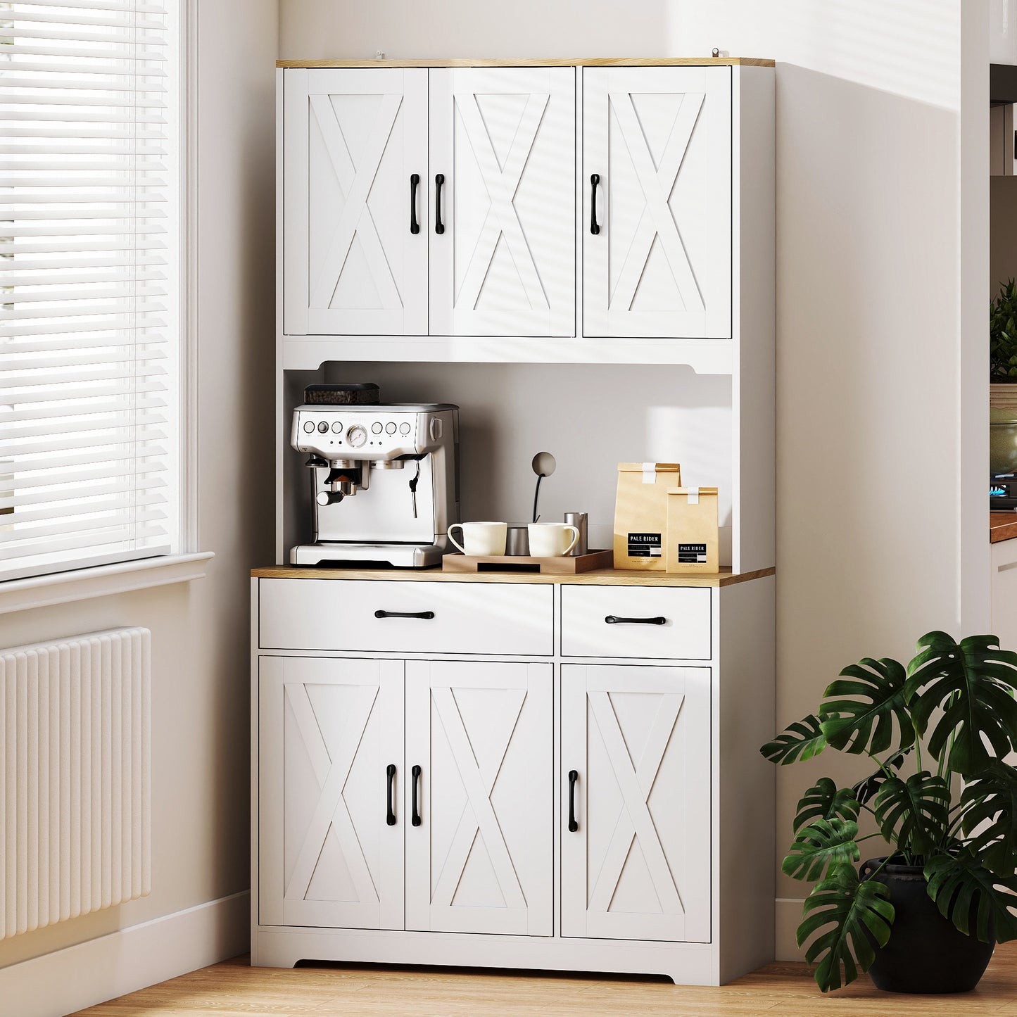 HOMCOM 175 cm Tall Kitchen Pantry Cabinet With Microwave Stand Freestanding White