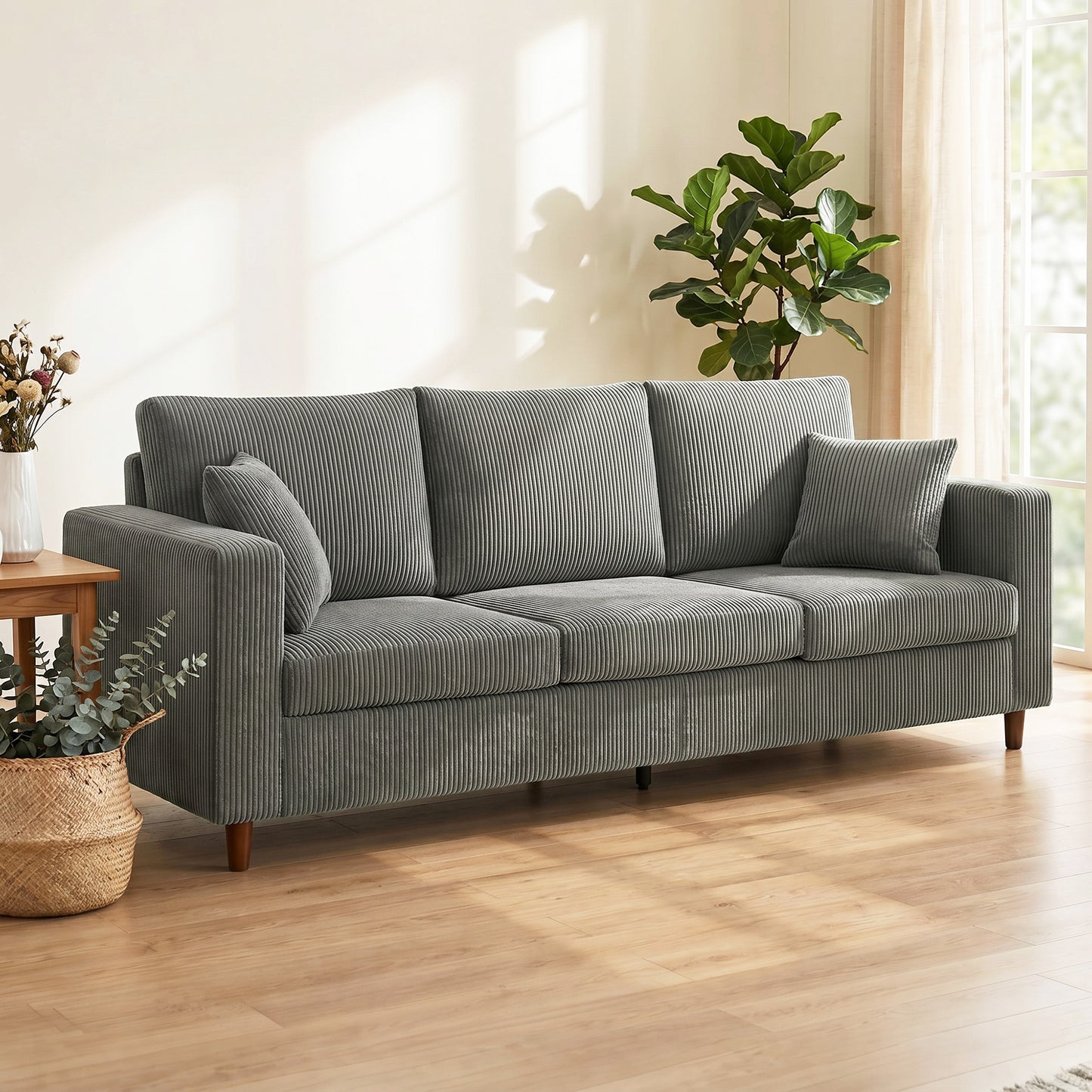 HOMCOM Three Seater Sofa With Wide Deep Seat Corduroy Upholstery Pocket Spring Cushion Support In Light Grey