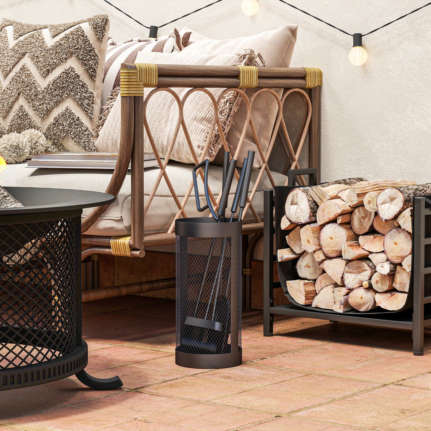 Outsunny 5 Piece Fireplace Tools Set With Mesh Basket Indoor Outdoor Fireside Accessories Black