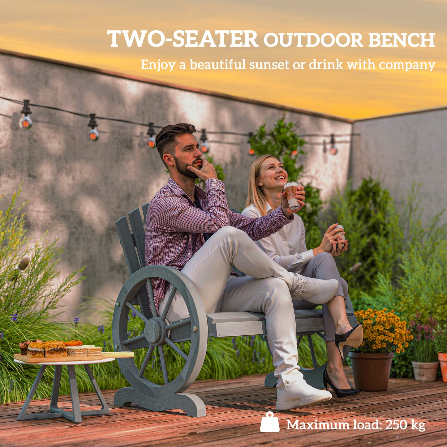 Outsunny Fir Wood Love Seats With Wheel-Shaped Armrests Large Load-Bearing Outdoor Patio Grey