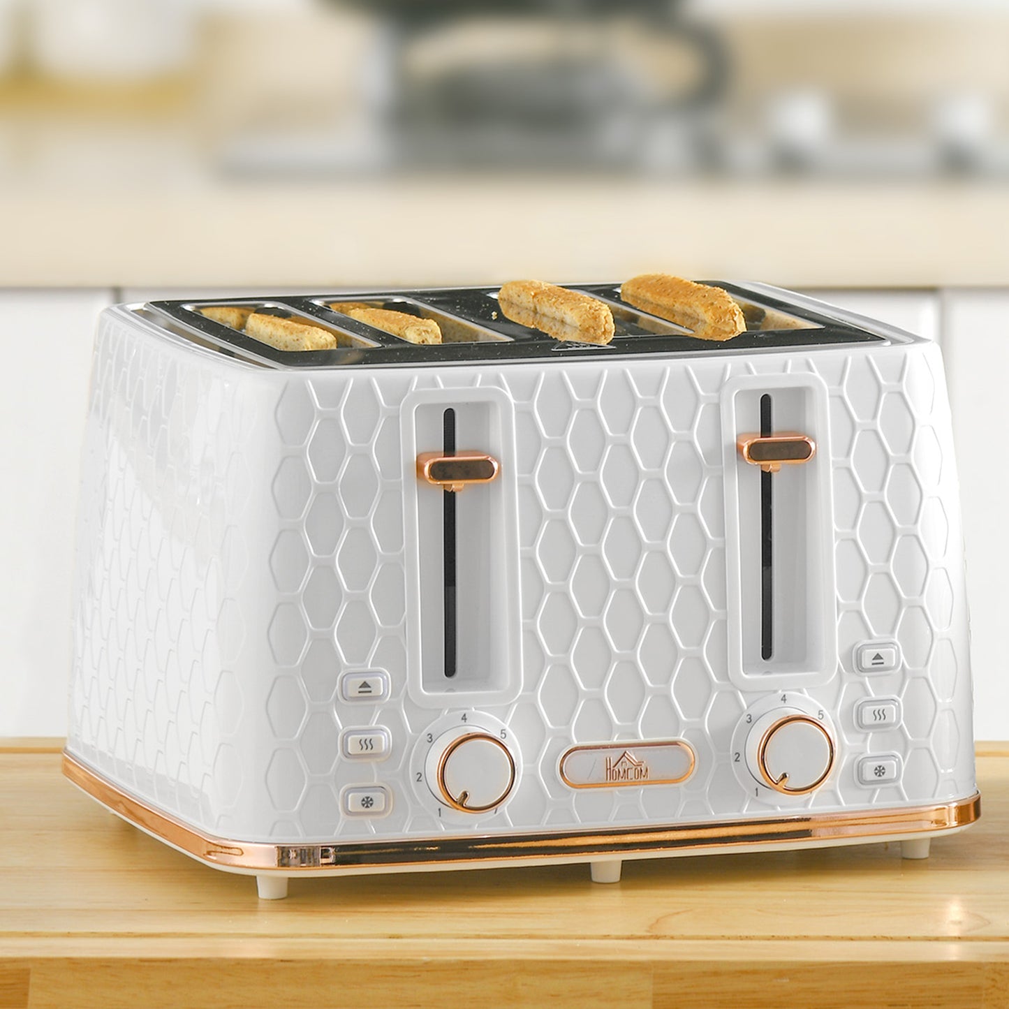 HOMCOM Four Slice Honeycomb Toaster White With 7 Toasting Levels Automatic Browning Countertop Kitchen Appliance