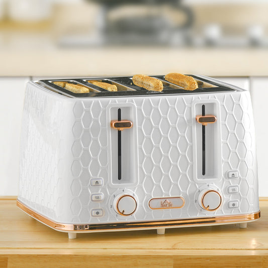 HOMCOM Four Slice Honeycomb Toaster White With 7 Toasting Levels Automatic Browning Countertop Kitchen Appliance